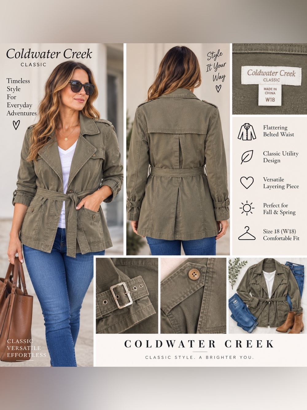 Coldwater Creek Classic Olive Green Belted Utility Trench Jacket W18